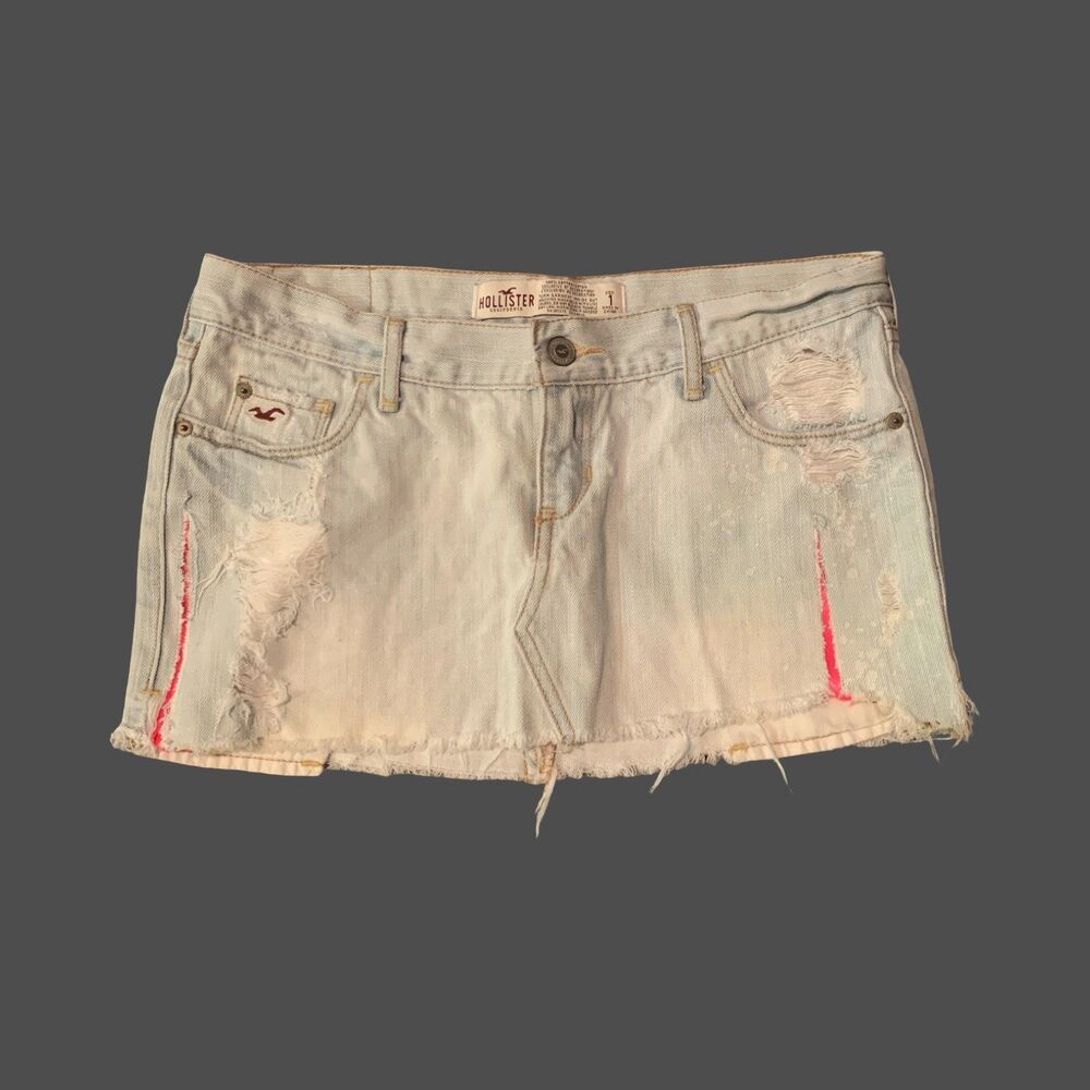 Womans Junior Sz 1 Hollister Casual White Washed Denim Mini Skirt Distressed